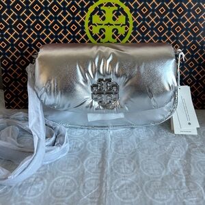 Tory Burch Britten Metallic Puffy Convertible Crossbody Bag Silver